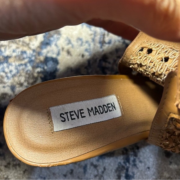 Steve Madden Brown Ranya Cognac Leather Buckle Strap Block Peep Toe Heels Size 8 - Picture 10 of 12